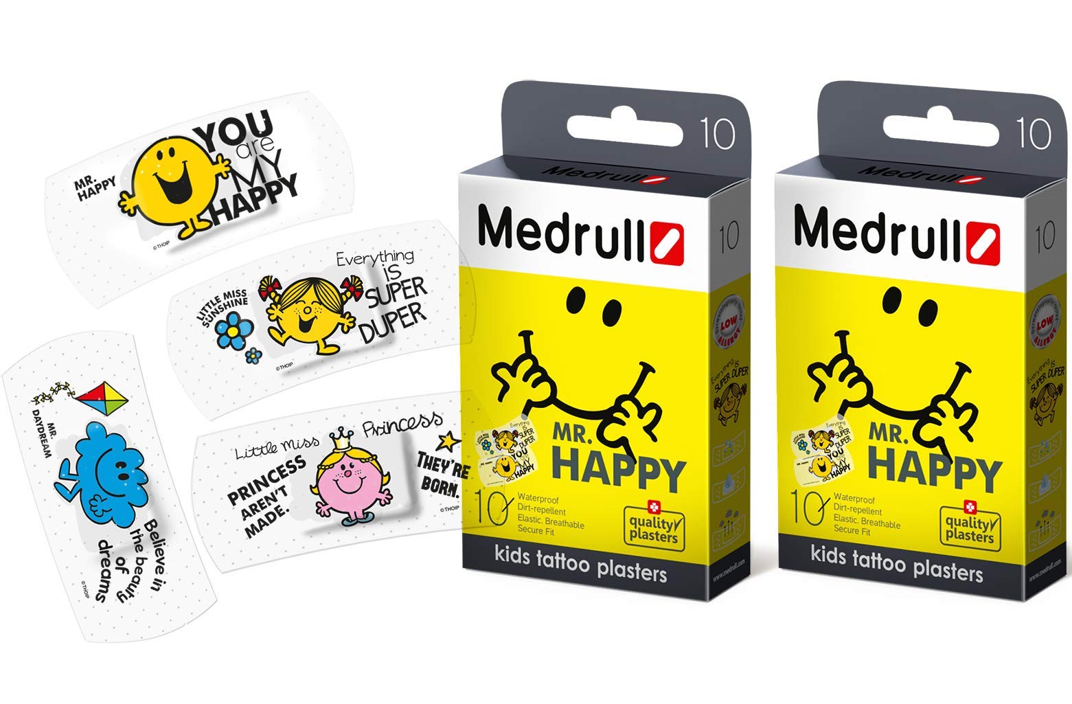 Medrull Transparent Waterproof Plaster Mr Happy | First Aid Set: 2 Boxes (2x10), Plaster Size 25 х 57 mm, Individually Packed