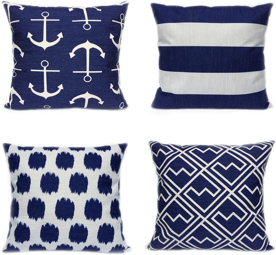 FanHomcy 4 Pack Cushion Covers Simple Geometric Decorative Throw Pillow Cases for Sofa 18 x 18 Inch, 1x Anchors + 1x Dots + 1x Stripe + 1x Shakes (Navy Blue)