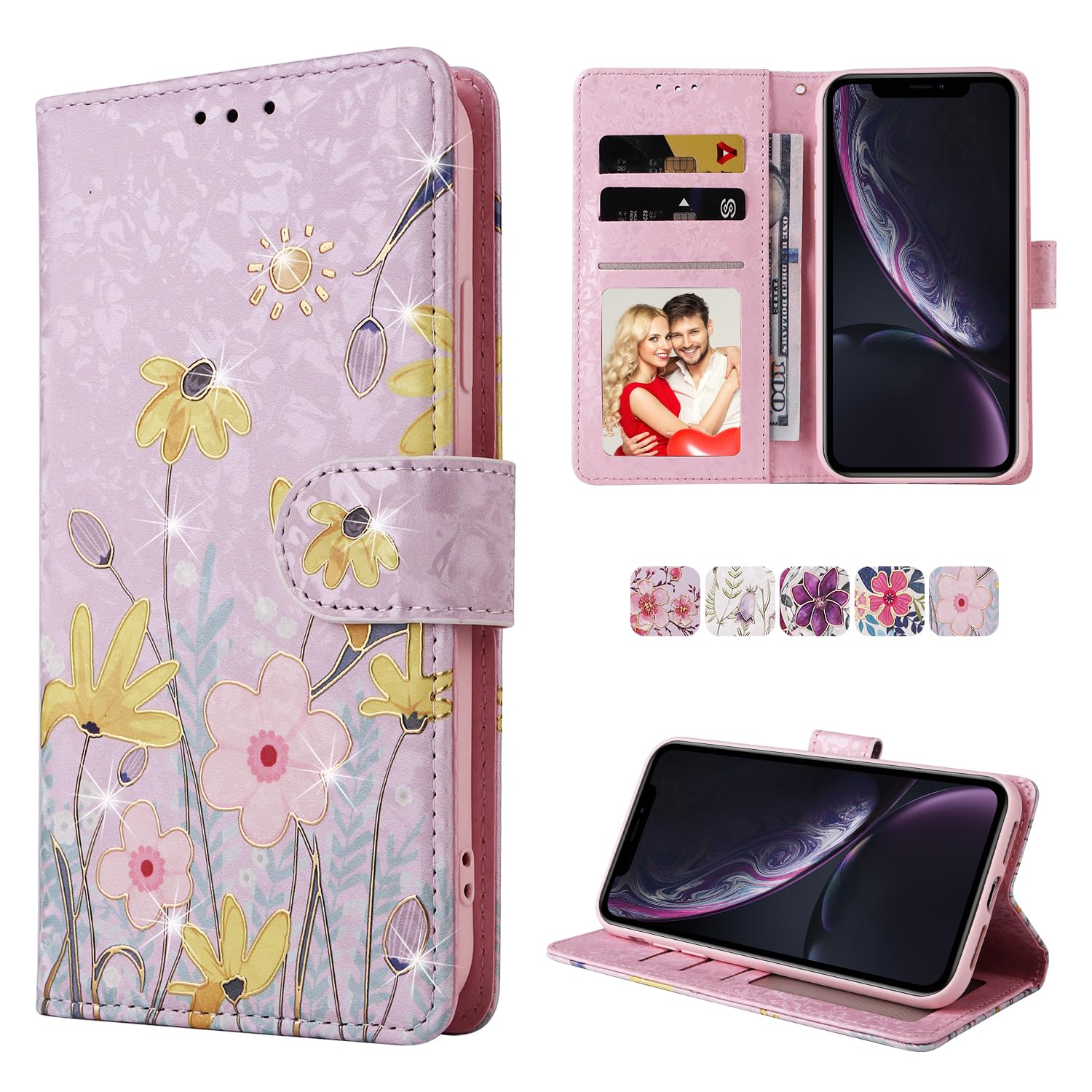 Photo 1 of UEEBAI Wallet Case for iPhone 15 Pro Max, PU Leather Phone Case Kickstand RFID Blocking Flip Case Card Slots Wrist Strap Relief Engraved Pattern Magnetic Closure Flower Folio Case, Sunflower