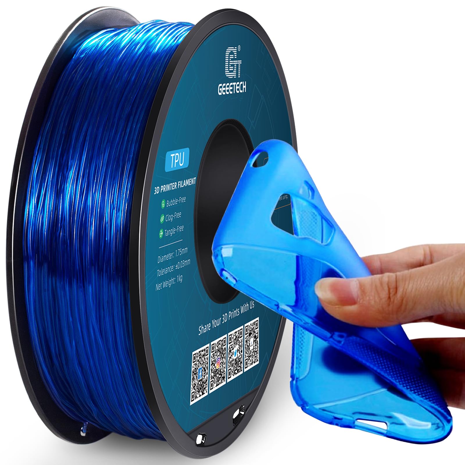 Photo 1 of Geeetech TPU Filament 1.75mm, Shore 95A Flexible 3D Printer Filament with High Elasticity, 1KG (2.2lbs) Spool, Dimensional Accuracy ±0.03mm, Fits Most FDM Printers, Clear Blue