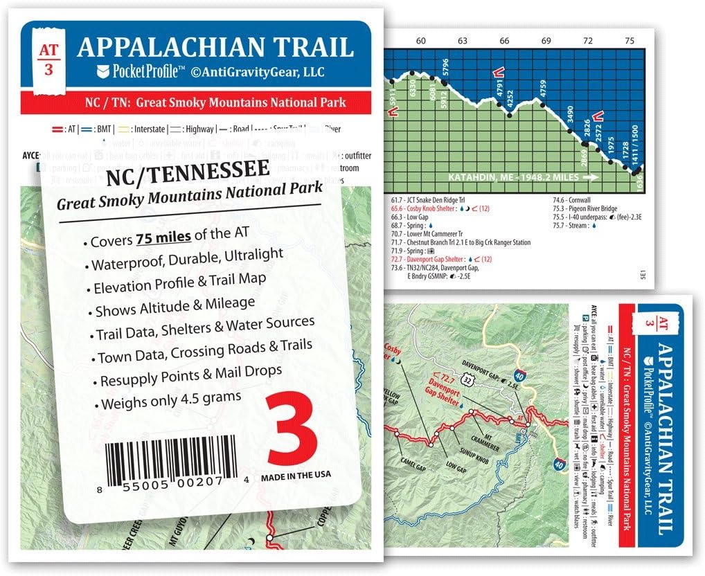 Appalachian Trail Map AT-3 GSMNP Great Smokey Mountains National Park AT Pocket Profile