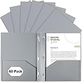 EEHZTSI 60-Pack Plastic Folders with Pockets and Prongs,2-Pocket Folders with 3 Fasteners, Poly Folders Holds 8-1/2" x 11" Paper for School/Office/Home, Silvery