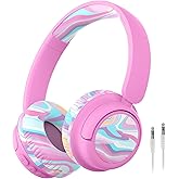 iClever BTH22 Kids Bluetooth Headphones, 60H Play Time, 74/85 dBA Safe Volume, Bluetooth 5.4, USB C, Over Ear Kids Headphones Wireless with Mic AUX Cord for iPad/Tablet/Travel/School, Pink-Stripe