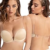 Amafuur Women's Backless Bra with Clear Straps and Back Deep V Plunge Push Up Padded Convertible Low Cut Bras Underwire