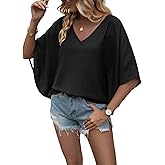 Urchics Chiffon Batwing Tops for Women Short Sleeve V Neck Blouse Tops V-Neck Casual Loose Summer Top Shirts