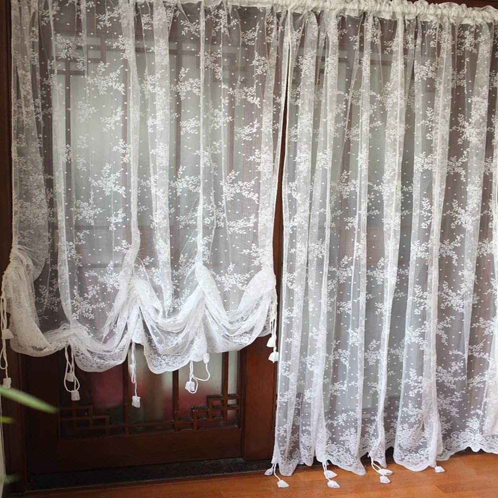 ZHH Elegant White Lace Embroidery Sheer Balloon Curtain