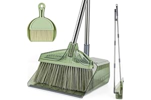 SUTINE Broom with Dustpan Combo Set, Broom and Dustpan Set with Long Handle, Kitchen Broom for Sweeping Indoor Outdoor, Standing Dust Pan and Brush Broom Set for Home Office Lobby Floor Cleaning, Green