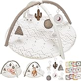 Little Dove Tummy Time Mat with 6 Toys, Macrame Baby Play Mat for Newborn, Baby Gym with 12 Milestone Cards, Stage-Based Sensory and Motor Skill Development Baby Play Gym, Non Slip Mat Washable, Khaki