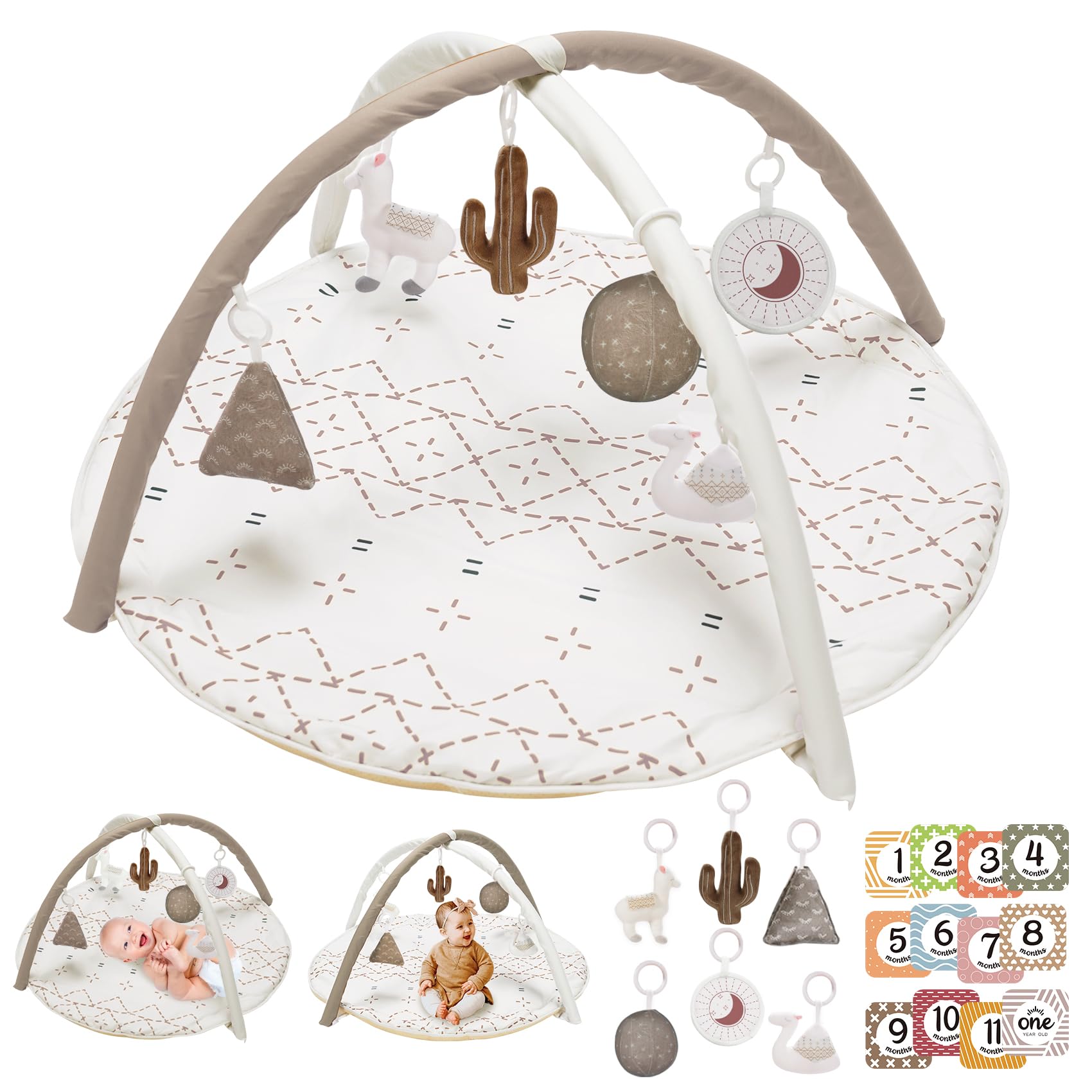 Photo 1 of Tummy Time Mat with 6 Toys, Macrame Baby Play Mat for Newborn, Baby Gym with 12 Milestone Cards, Stage-Based Sensory and Motor Skill Development Baby Play Gym, Non Slip Mat Washable, Khaki