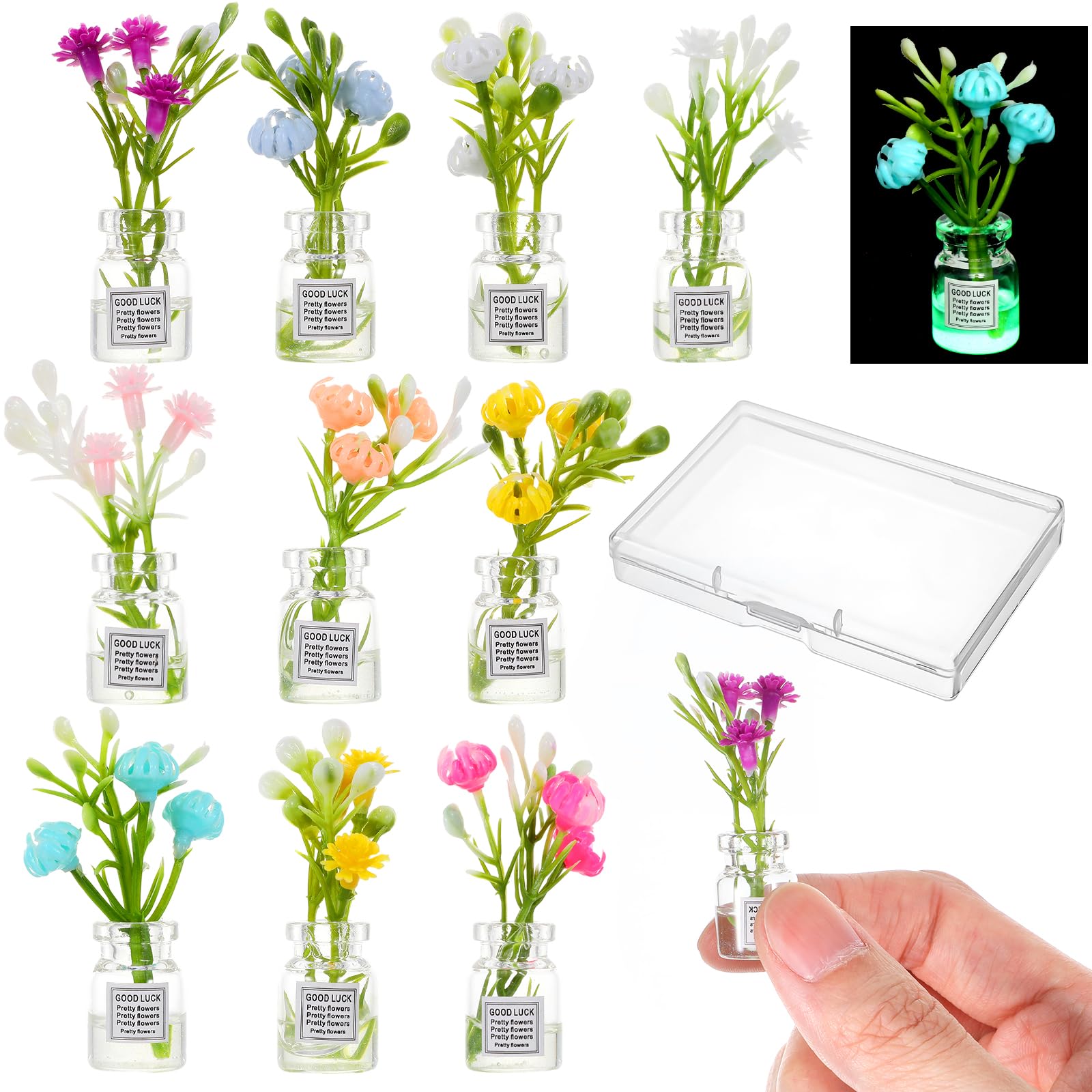 Photo 1 of 10 Pcs Dollhouse Miniatures Flowers Plants, 1:12 Tiny Small Glow in The Dark Glass Vase Flowers Plant House Decor, Faux Flower Model Miniature Dollhouse Accessories for Tiny Houses