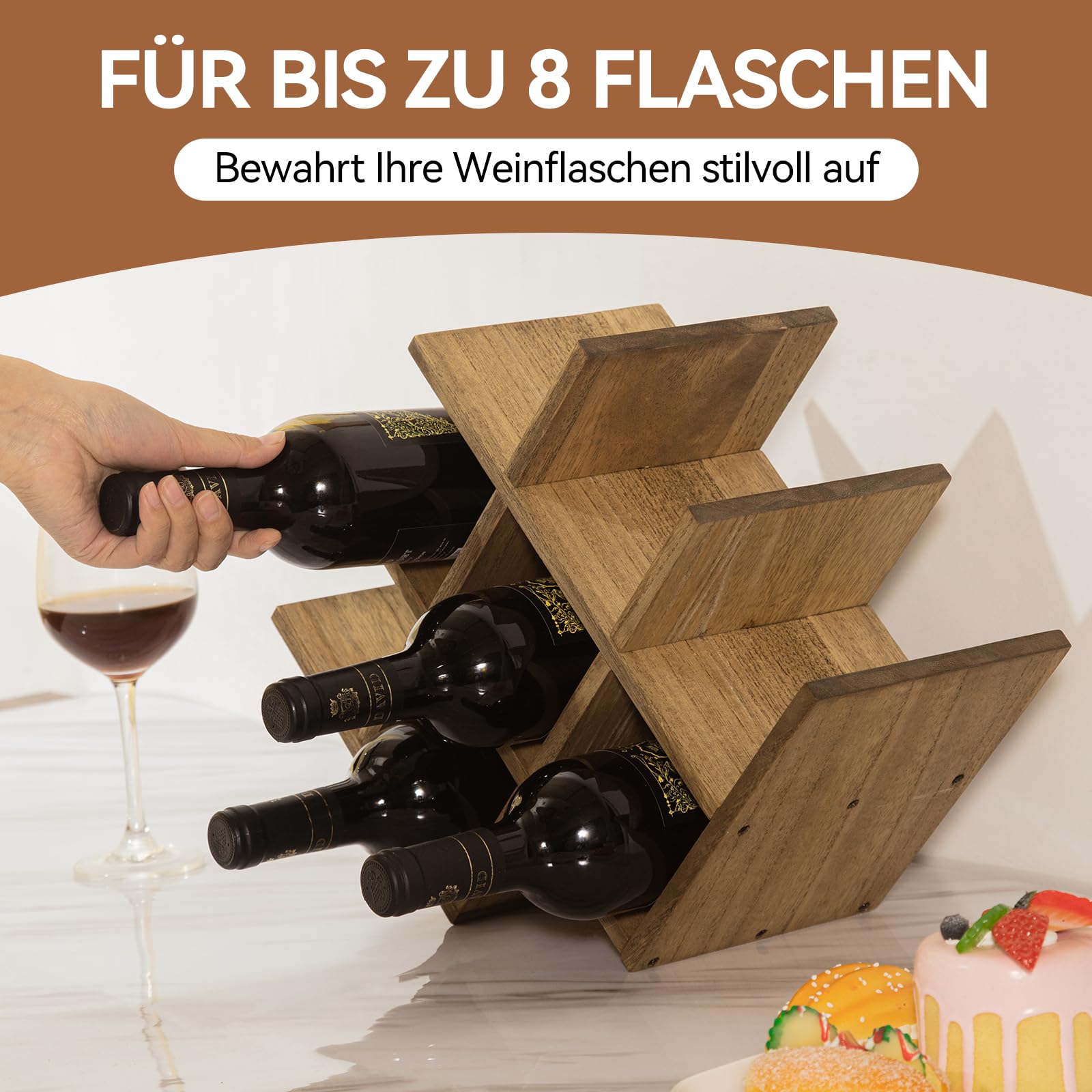 KIRIGEN Weinregal Holz für 8 Flaschen, Flaschenregal und Weinhalter, Braun 4