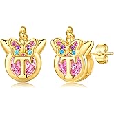 MONOOC Unicorn Gifts for Kids Girls - S925 Sterling Silver Post Hypoallergenic Initial Earrings 14K-Gold-Plated Pink CZ Unicorn Stud Earrings Jewelry Birthday Gifts for Kids Girls