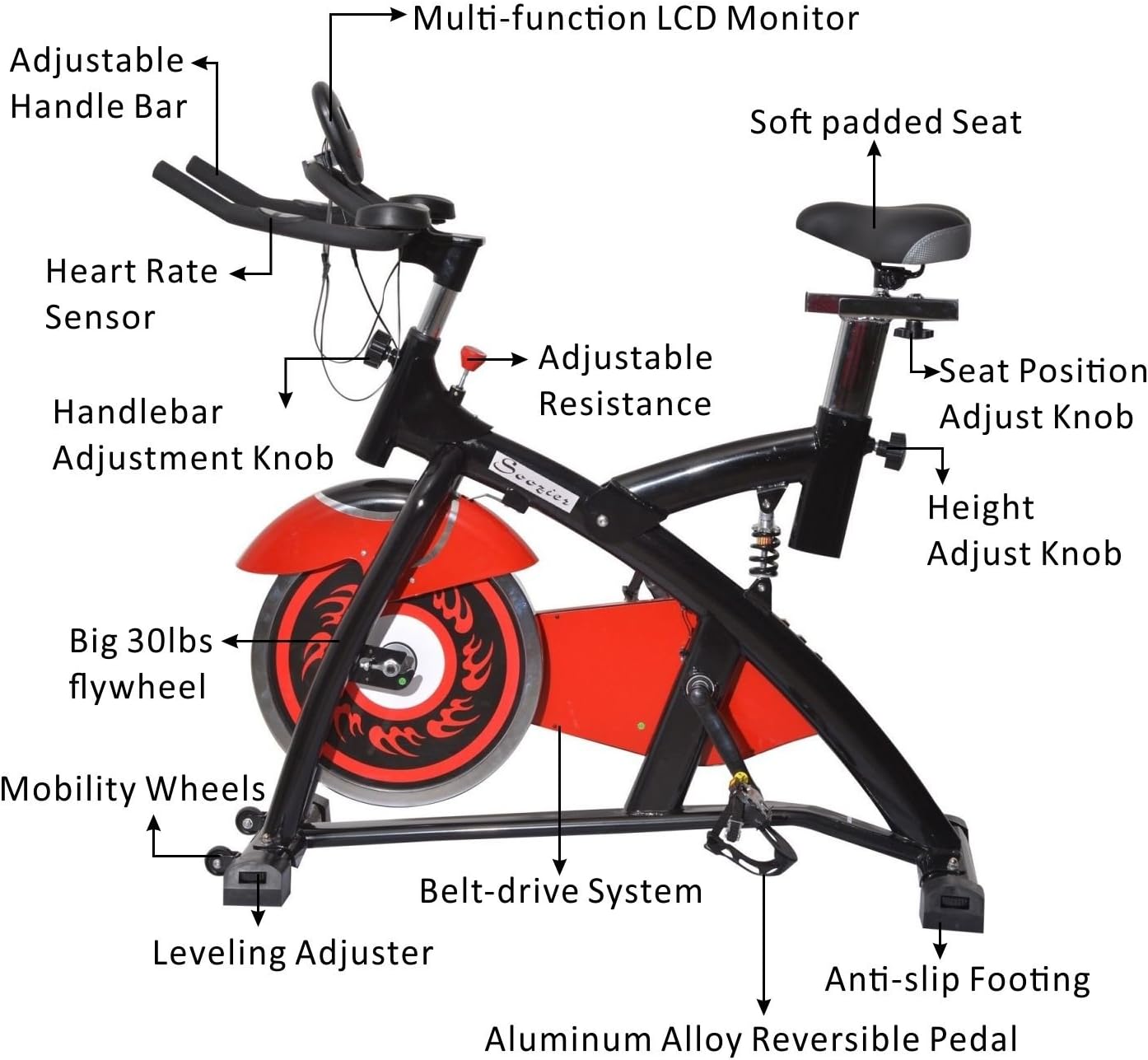 soozier upright stationary exercise cycling bike with lcd monitor