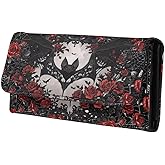 Jolamirel Black Bat Roses Print Women Slim Wallet Gothic Spider Web Trifold Long Credit Card Holder Clutch Handbag, Red Rose Flowers Leather Checkbook Wallet for Ladies