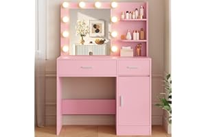 LIVELYGLOW Lighted Makeup Vanity Desk, 35.4“W x 15.7'”D x 54“H, Pink (with Lights and Mirror, Dimming Fuction, 2 Drawers and 1 Cabiniet, Open Shelves)