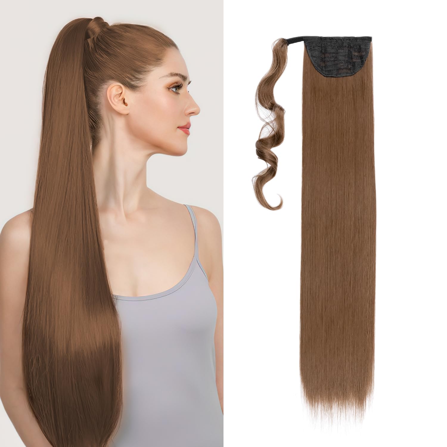 32 inches Super Long Straight Wrap Around Ponytail Hair Extension Clip in Ponytail Hair Extensions Hairpiece for Women Light Brown