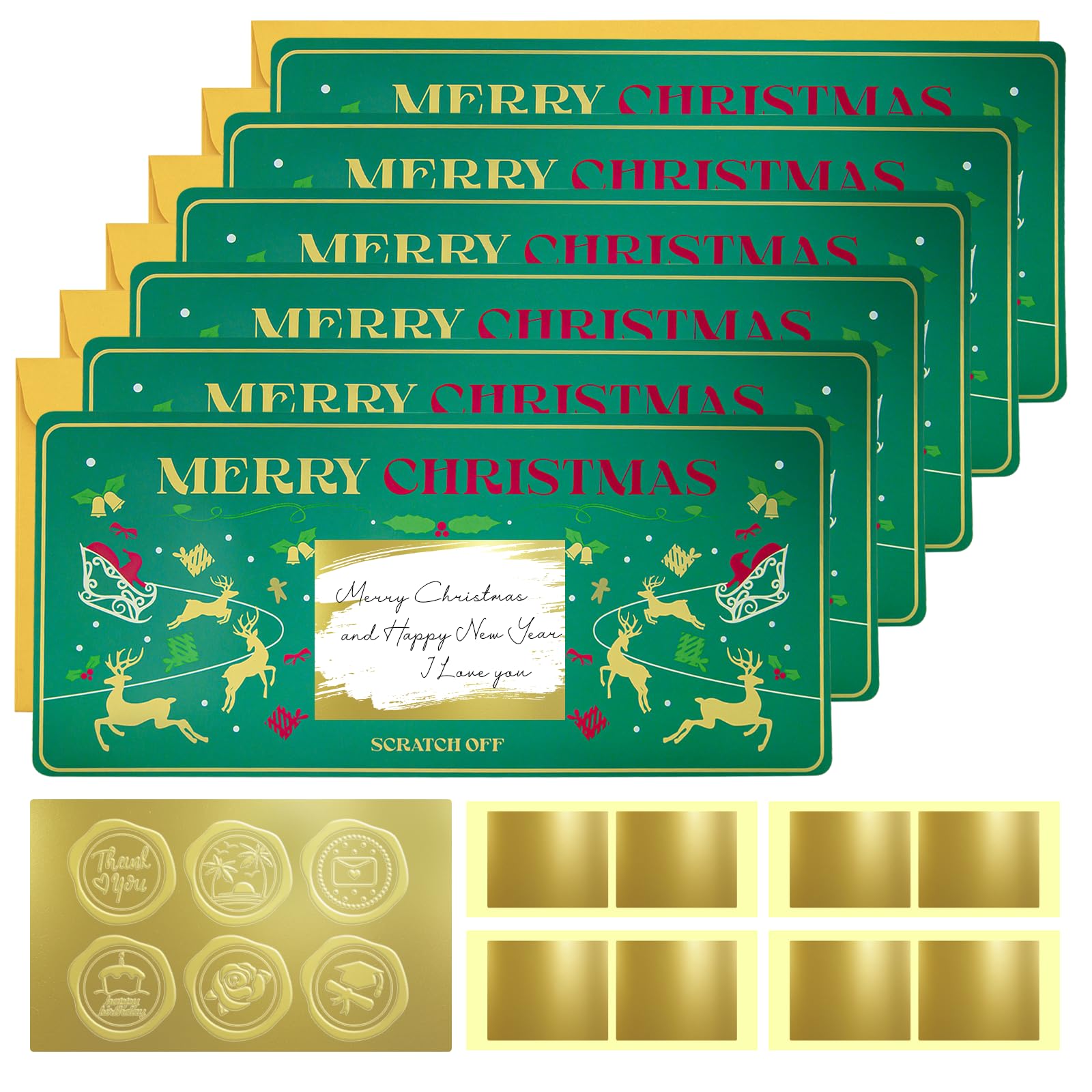 6 Sets Christmas Cards with Envelopes, Christmas Scratch Card Surprise Gift Reveal, 20cmx9cm Happy New Years Card,Green Elk Greeting Card for Writing Your Own Special for Girlfriend, Wive, Family, Kid