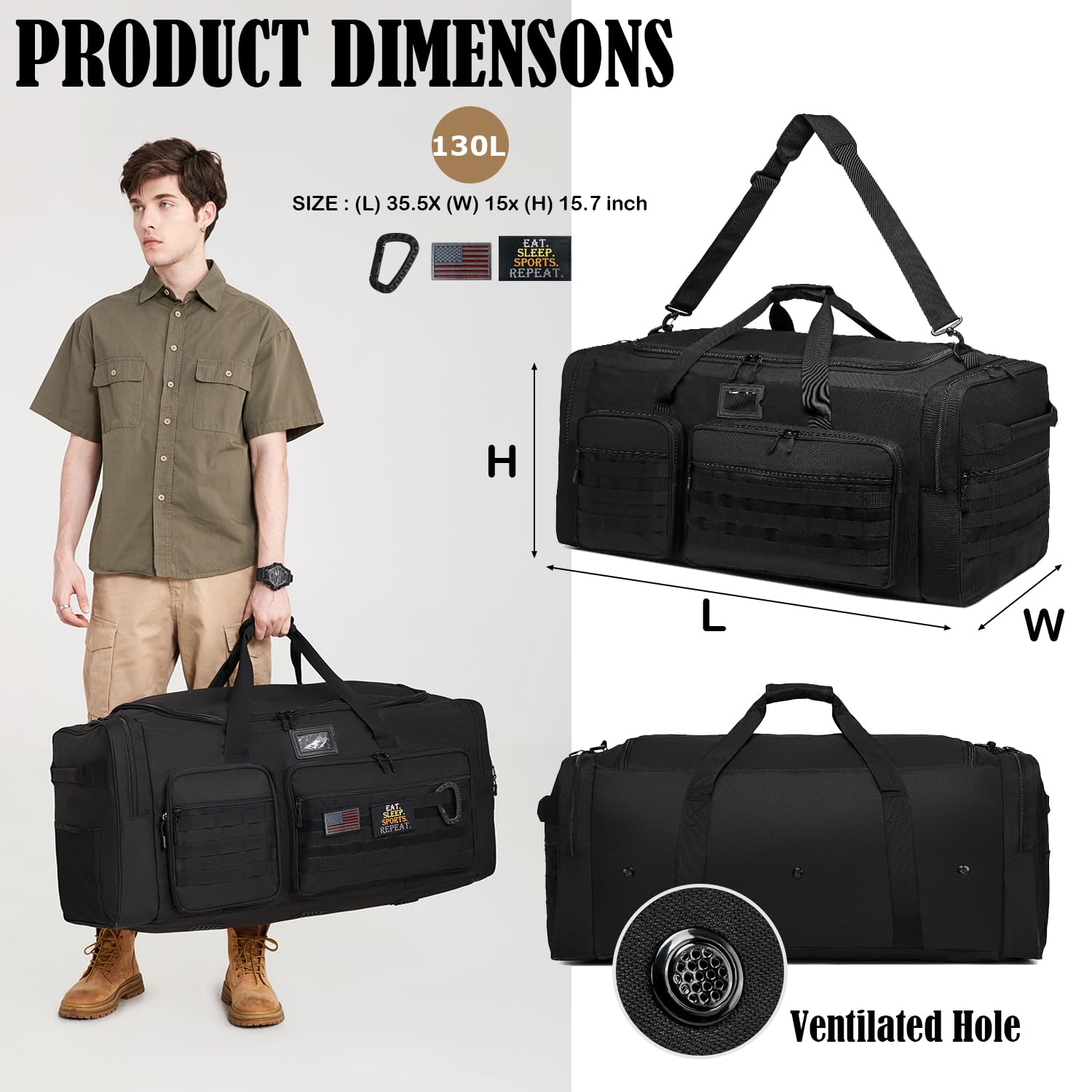 130L Extra Large Duffle Bag for Men, Heavy Duty Duffle Bag for Travel, Large Sports Gym Equipment Bag for Hockey Football Baseball Soccer Basketball & Drum Hardware