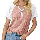 MaQiYa Womens V Neck Basic Tops Color Block Tunic T Shirts Summer Short Sleeve Casual Cotton Tees Shirts