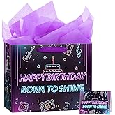 bigniuzi Kpop Birthday Gift Bag with Tissue Paper and Greeting Card for Girls Purple Music Birthday Wrapping Paper for Party Supplies
