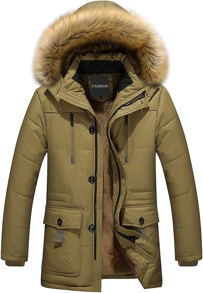 Menschwear Men's Faux Fur Removable Hooded Down Jacket Fleece Lined Short Winter Coat XS-XL
