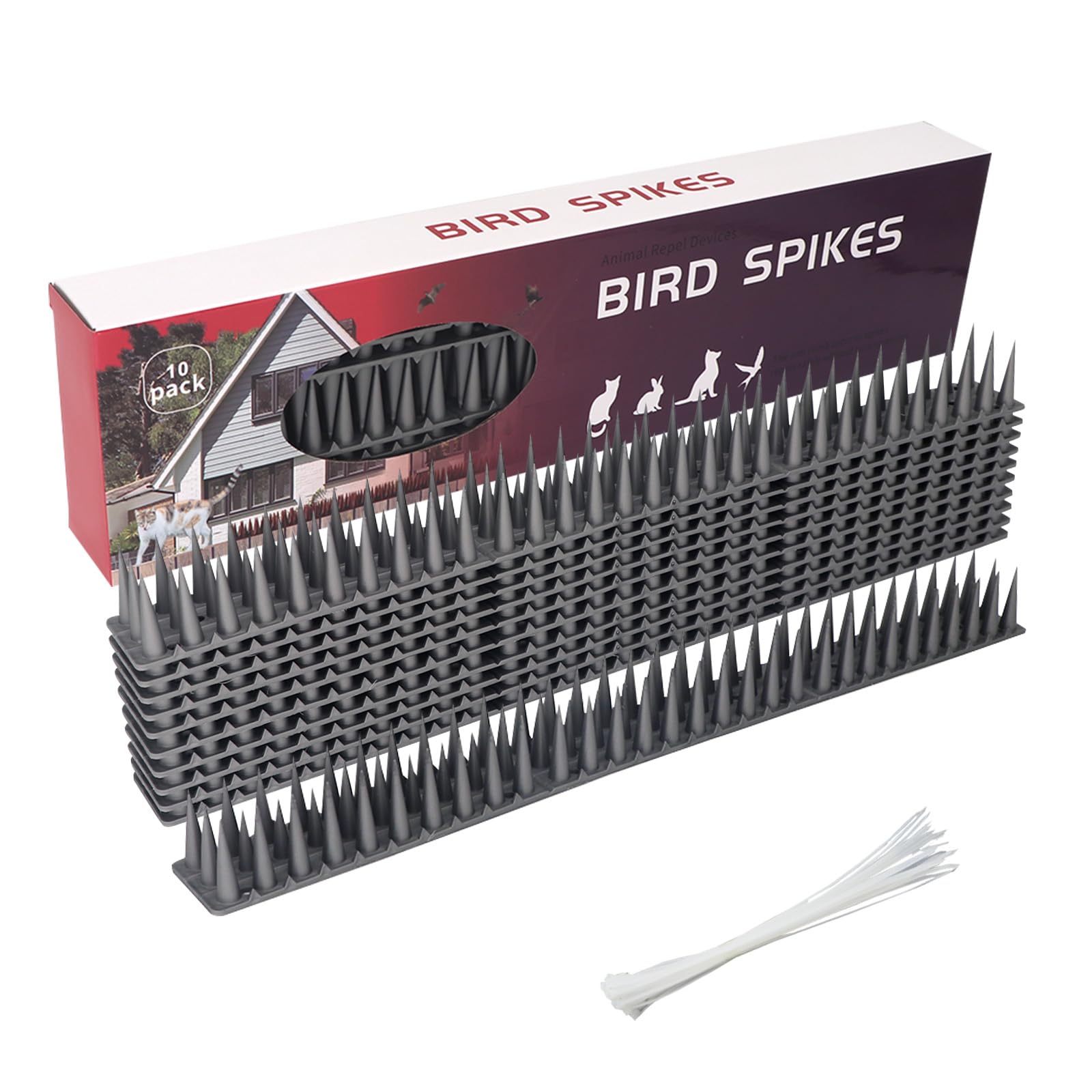 MAINOSHY 10PCS Bird Spikes for Pigeons, Anti Bird Spikes Wall and Fence Spikes Cat Deterrent Repellent Spikes Garden Security Bird Deterrent Spikes with Nylon Zip Ties for Outside Roofs Windows