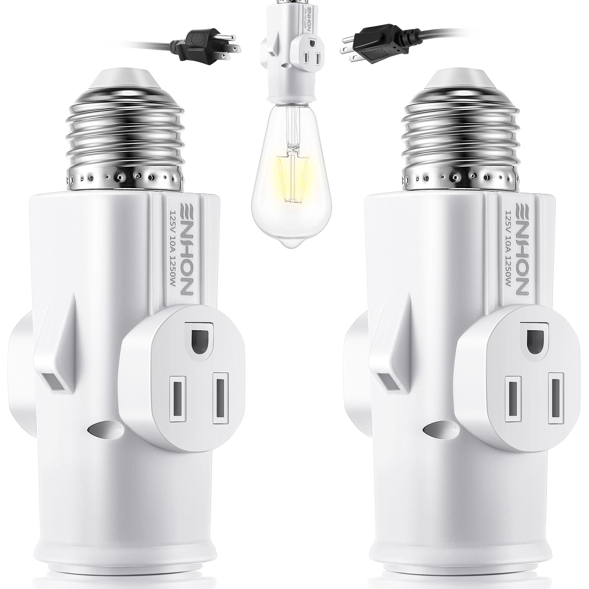 Photo 1 of Enhon 2 Pack Light Socket Outlet Adapter, 2/3 Prong Light Socket to Plug Adapter, E26/E27 Heat Resistant Lamp Bulb to 2/3 Prong Plug Outlet Splitter Converter for Garage Porch Indoor Outdoor