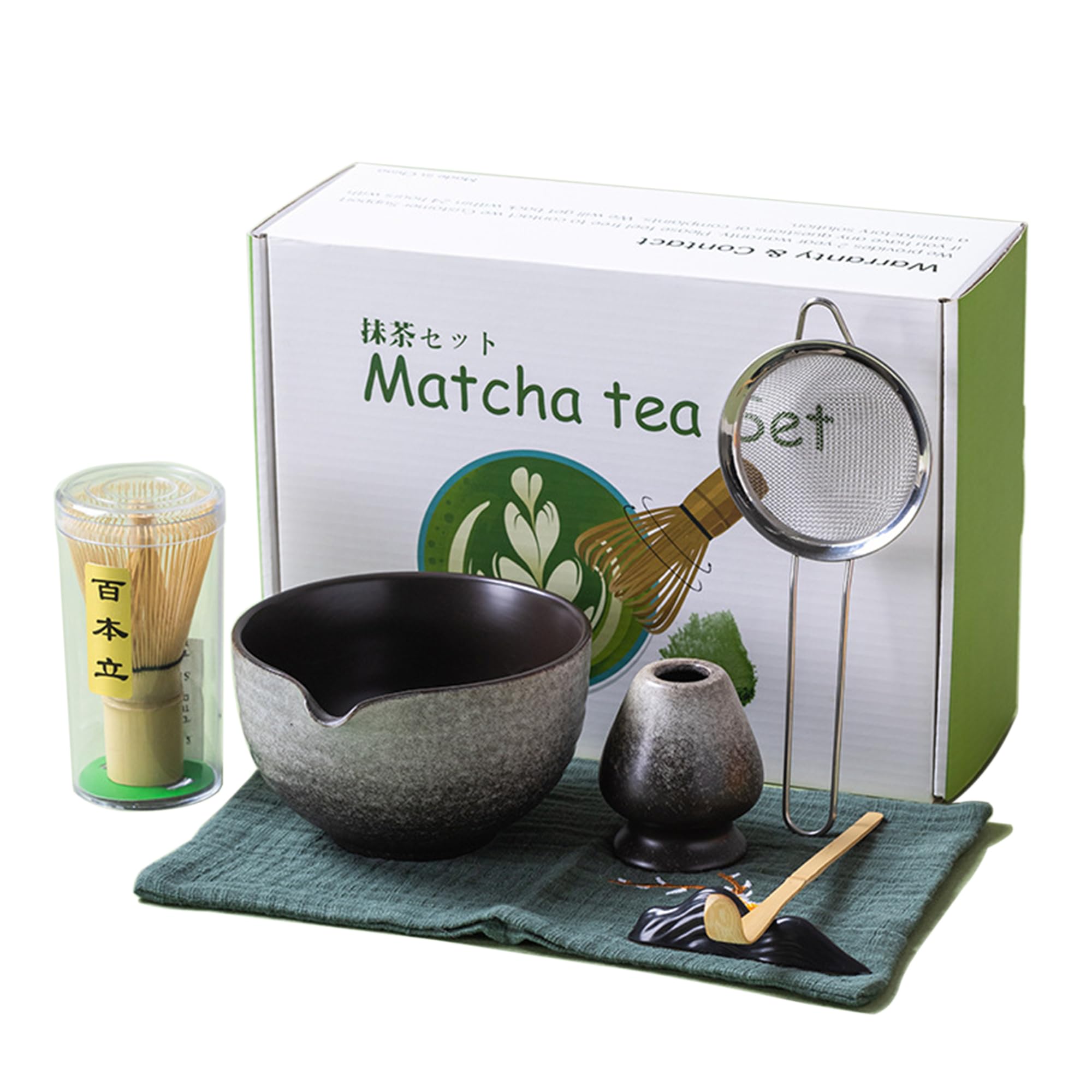 ​​Japanese Matcha Set 7pcs - Ceramic Bowl & Hyaku Hon Tachi Bamboo Whisk (Chasen), Chashaku Spoon, Strainer, Cloth - Traditional Tea Ceremony Kit​