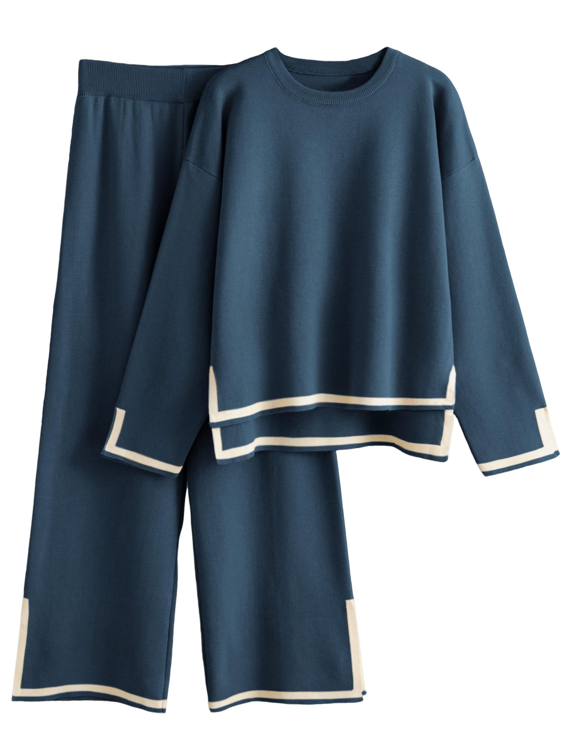 Photo 1 of Tanming Women's 2 Piece Outfits Long Sleeve Knit Sweater Top Wide Leg Pants Lounge Sets Tracksuits(Navy-M)