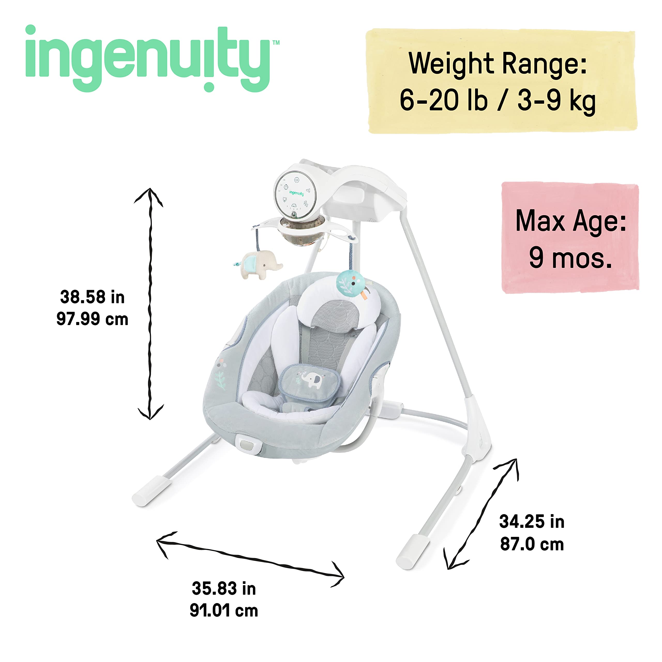 Ingenuity InLighten Soothing Swing - Swivel Infant Seat, Soothing Sounds, Lightweight Mesh - Dakota