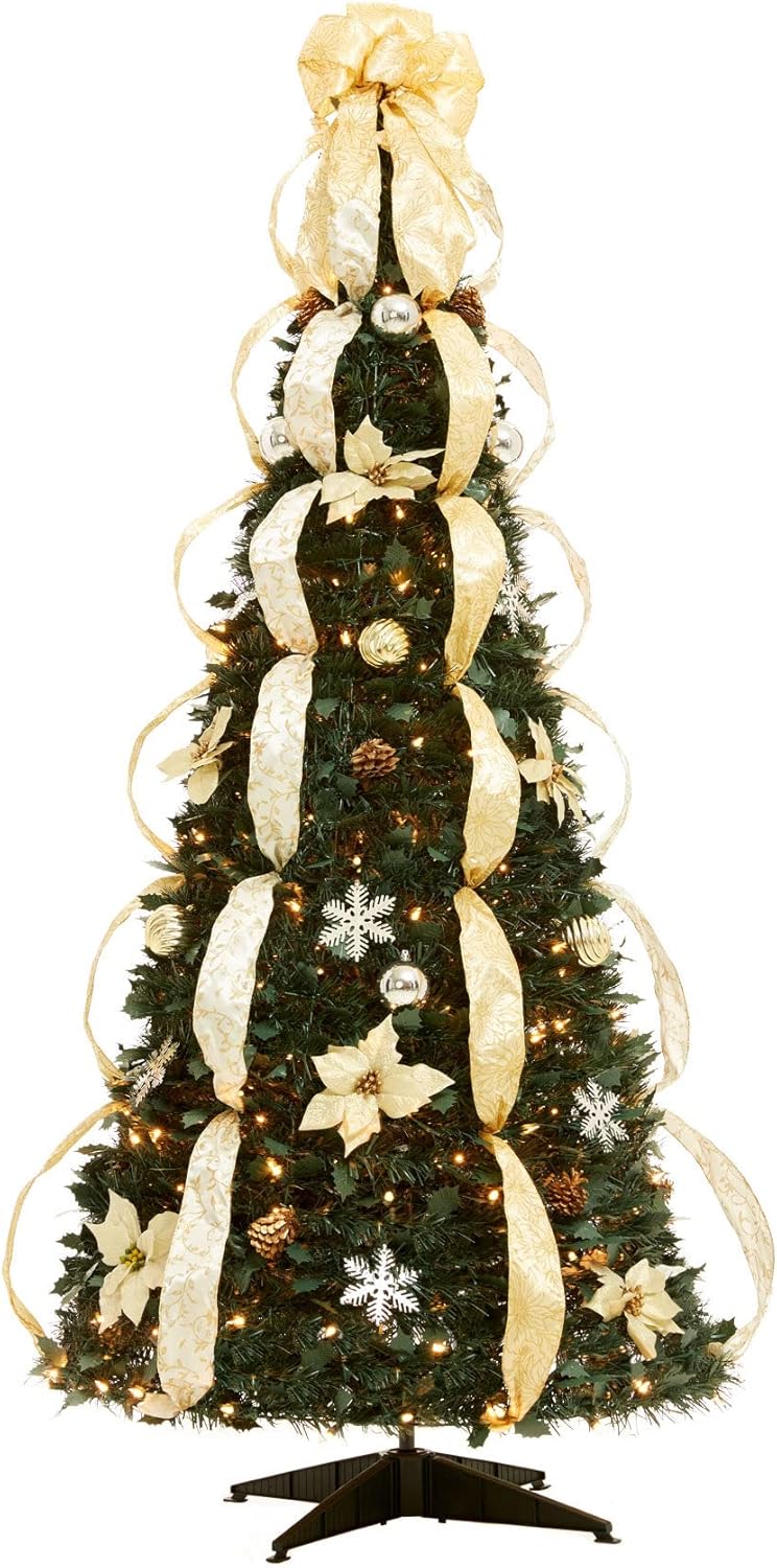 Trees - BrylaneHome Fully Decorated Pre-Lit 6 Foot Pop-Up Christmas Tree, Silver Gold Multicolored