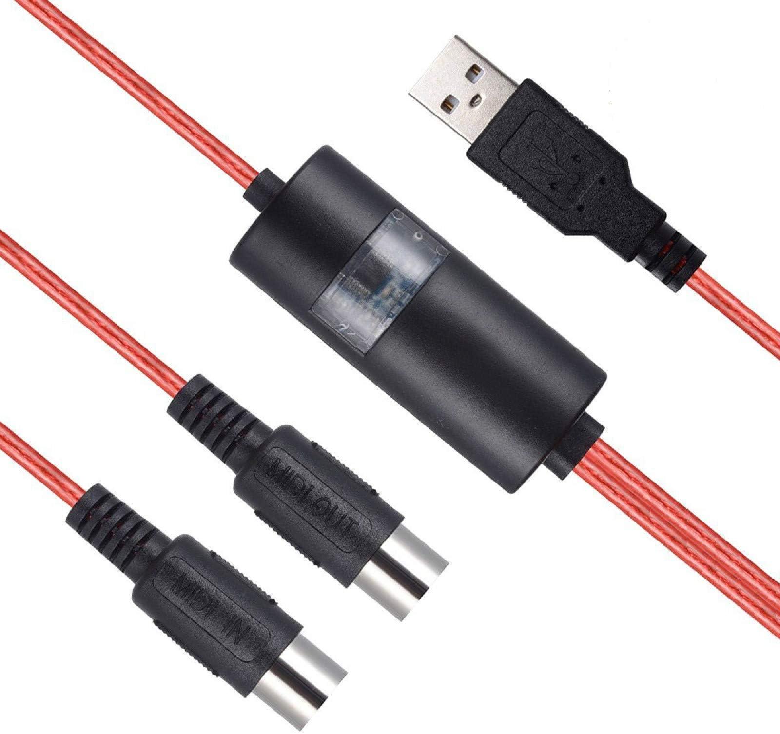 USB MIDI Cable Interface, Upgrade Professional MIDI to USB IN-OUT Cable Converter For PC/Mac/Laptop 2M(6.5FT) (RED)