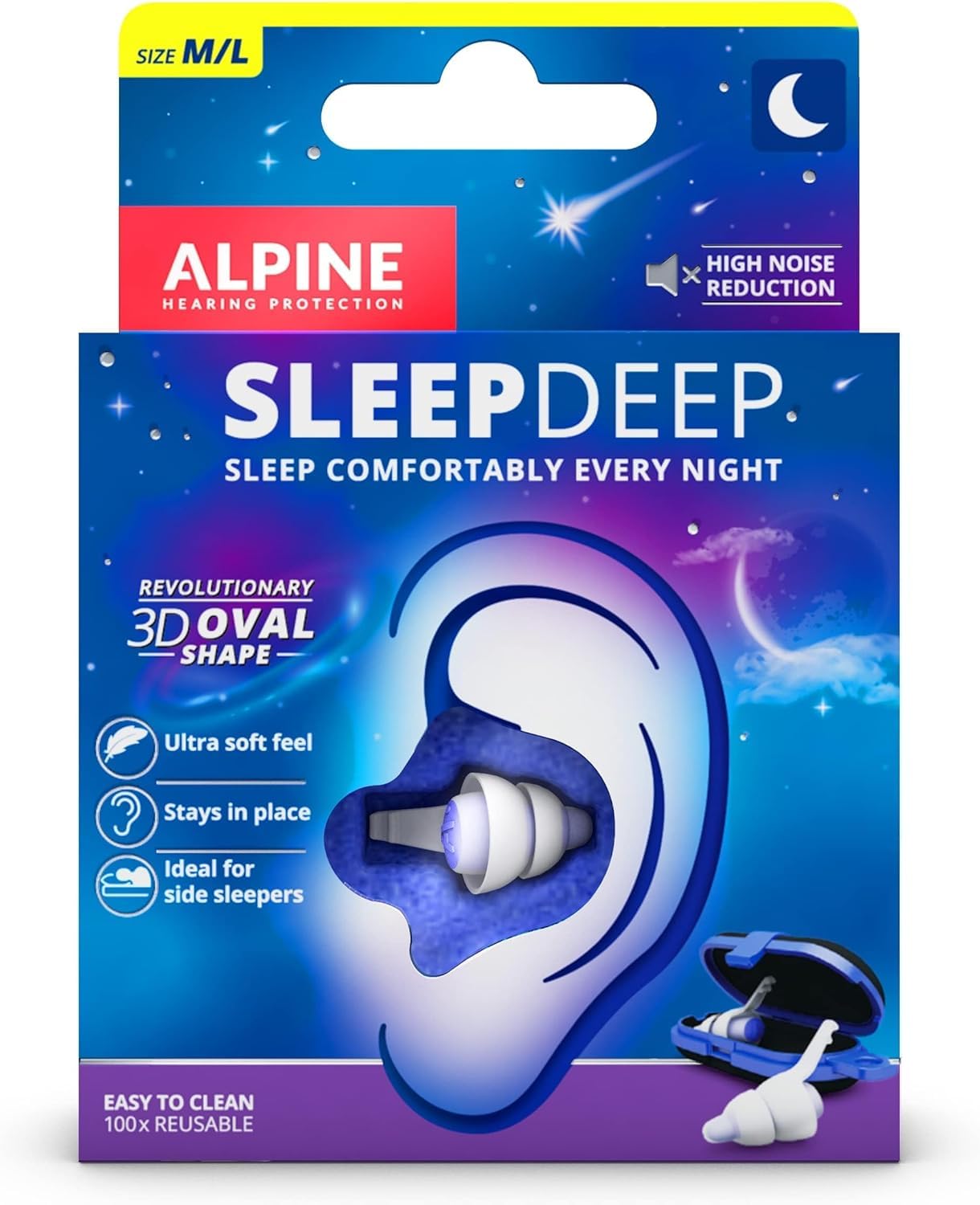 Alpine SleepDeep – Ear Plugs for Sleep - New 3D Oval Shape and Super Soft Reusable Noise Cancelling Ear Plugs - 27dB Noise Reduction - Ideal for Side Sleepers and Block Out Snoring (M/L)