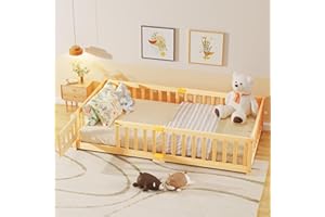 Meulbaty Twin Toddler Floor Bed, Montessori Floor Bed with Rails & Lockable Door, Twin Size Kid Beds for Toddlers 1-3 Years Old - Natural Wood