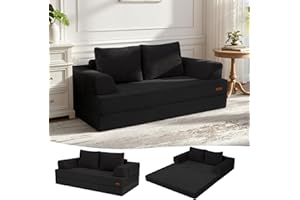 COMAX Convertible Sofa Bed – Folding Floor Couch Loveseat with Corduroy Cover & Pillows, Black | Multi‑Mode Lounger, Futon Sleeper Mattress for Living Room & Bedroom