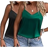 Ekouaer Women's Lace Silk Satin Pajama Tank Tops V Neck Camisole Soft Spaghetti Strap Tops Loose Sleepwear S-3XL