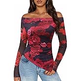 ZESICA Floral Mesh Off Shoulder Long Sleeve Tops for Women 2026 Y2k Double Lined Sheer Spring Going Out Shirts