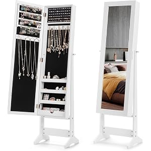 HOMGX Freestanding Jewelry Cabinet with Full Length Mirror, Floor Standing Jewelry Armoire Organizer with Ring Slots, Necklac