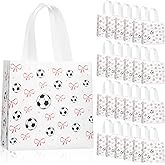 Sweetude 24 Pcs Soccer Gift Bags Bulk with Handle Pink Bow Tote Sports Non Woven Sports Party Favor Gift Bag 7.9 x 7.9 Inch Party Favor Treat Candy Bags Supplies Bulk for Birthday Team Snack