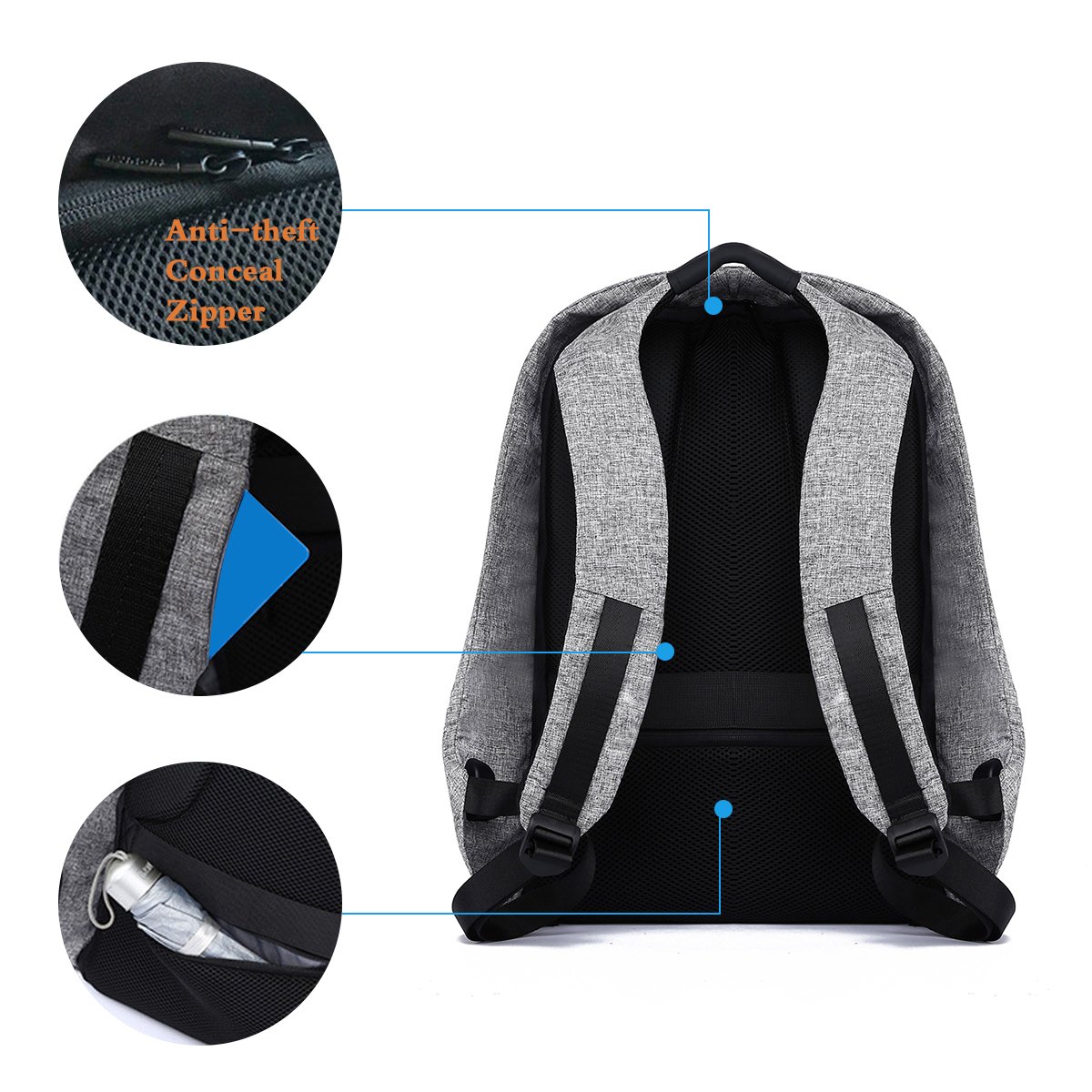 Anti-Theft Laptop Backpack Water Resistant College Backpack School Bag Business Bag with USB Charging Port for 15.6 Inch Laptop Notebook Travel Backpack (Black and Grey)