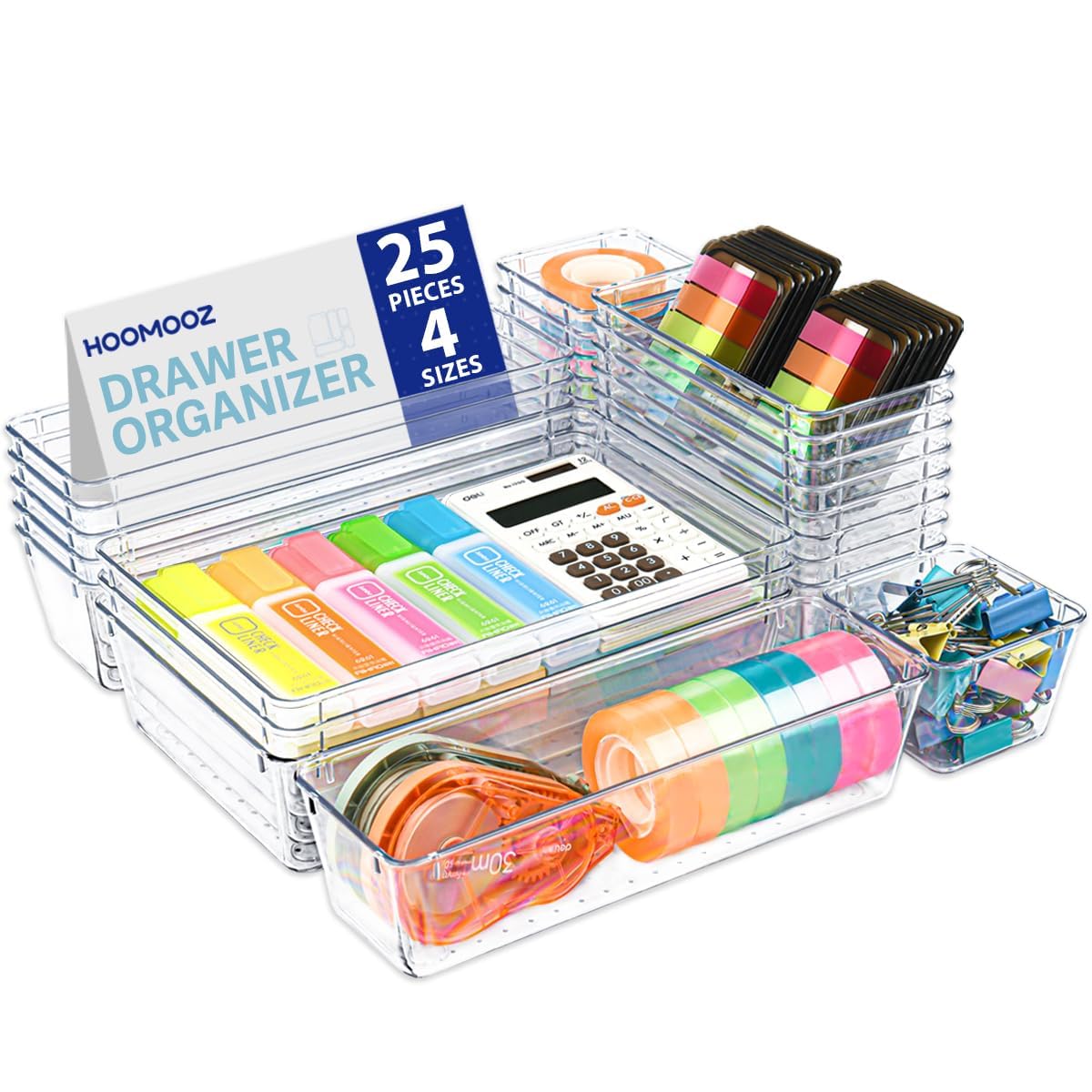 HOOMOOZ 25 Pack Drawer Organiser Set, 4-Size Versatile Clear Kitchen Storage Box Trays, Plastic Drawer Organiser Dividers for Makeup, Office, Utensils, Gadgets and Bathroom