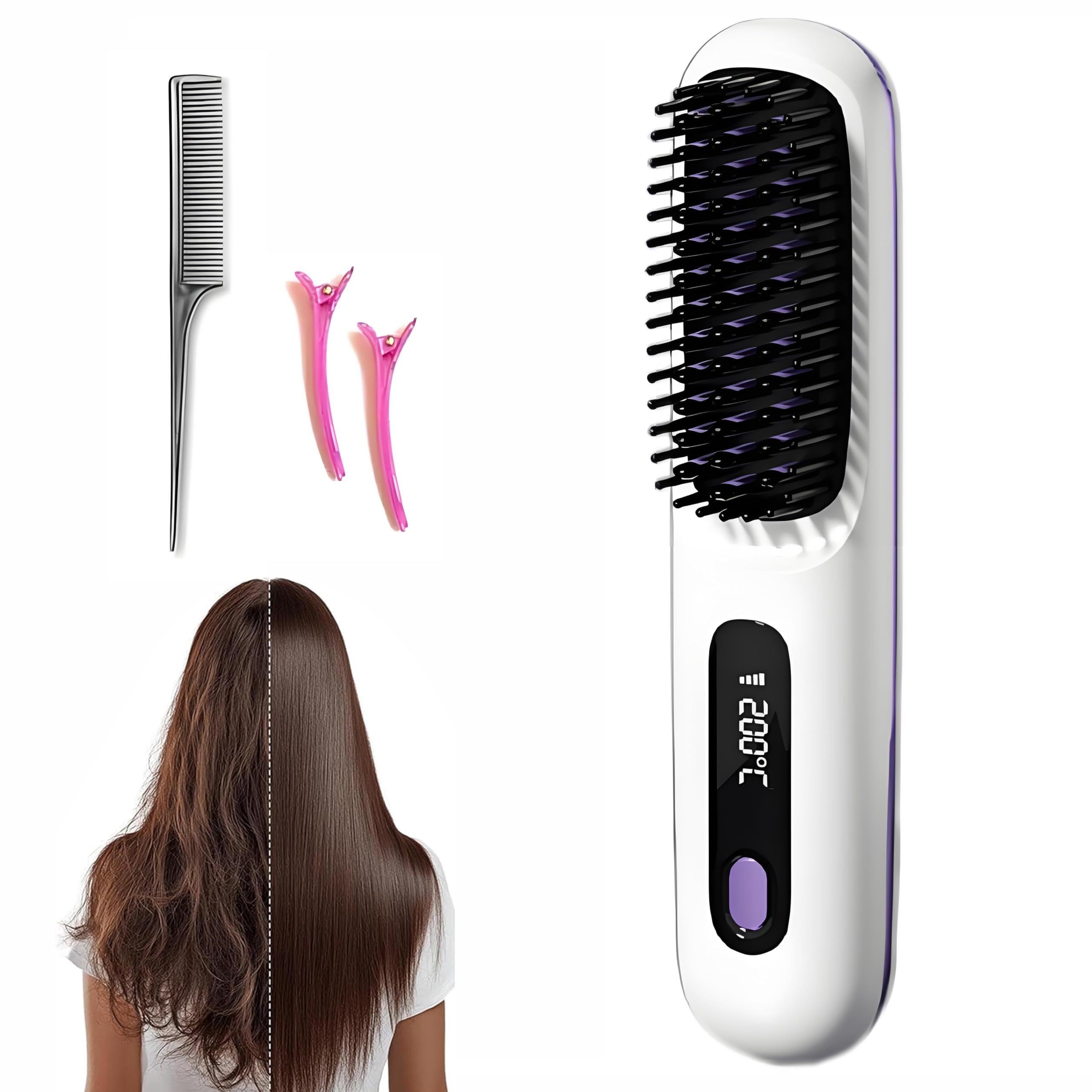 Photo 1 of Go Brush Pro 2025 New Hair Straightener Brush - Cordless Hair Straightening,Compact & Travel-Friendly with LED Display Anti-Scald Mini Hot Straightening Comb for Women(White)