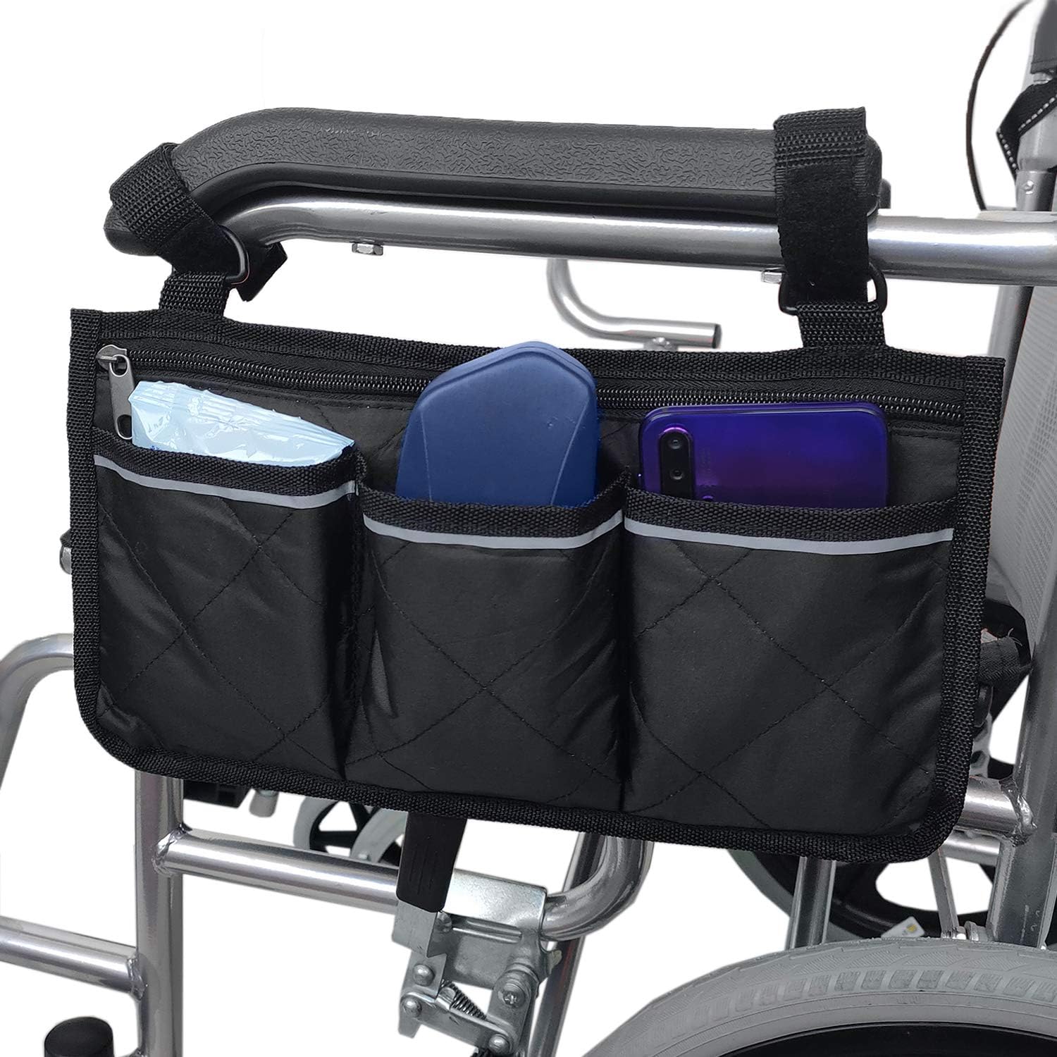 Wheelchair Side Bag with Pouches and Reflective Stripe, Wheelchair Armrest Side Organizer for Electric Wheelchairs, Manual Wheelchairs Lightweight and Easy to Use (Black): Health & Personal Care