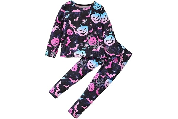 FHHNGOG Kids Halloween Pajamas Set Girls Bat Devil Pattern 2Pcs Pjs Set Toddlers Long Sleeve Nightwear Sleepwear