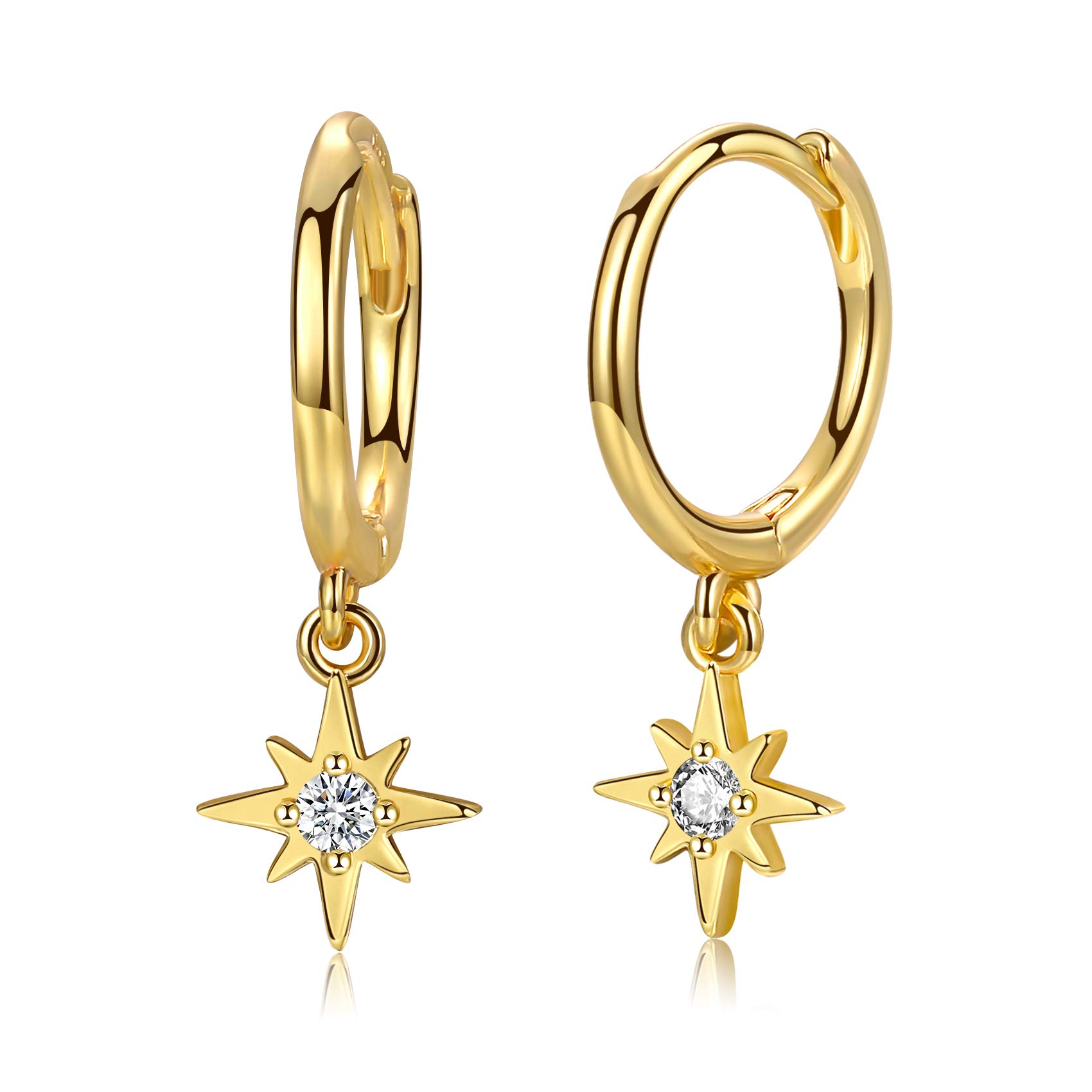 14K Gold Plated Dangle Hoop Earrings, Sterling Silver Post Drop Hoops | Small Hypoallergenic Huggie Earrings | Dainty Sun Moon Star Earrings