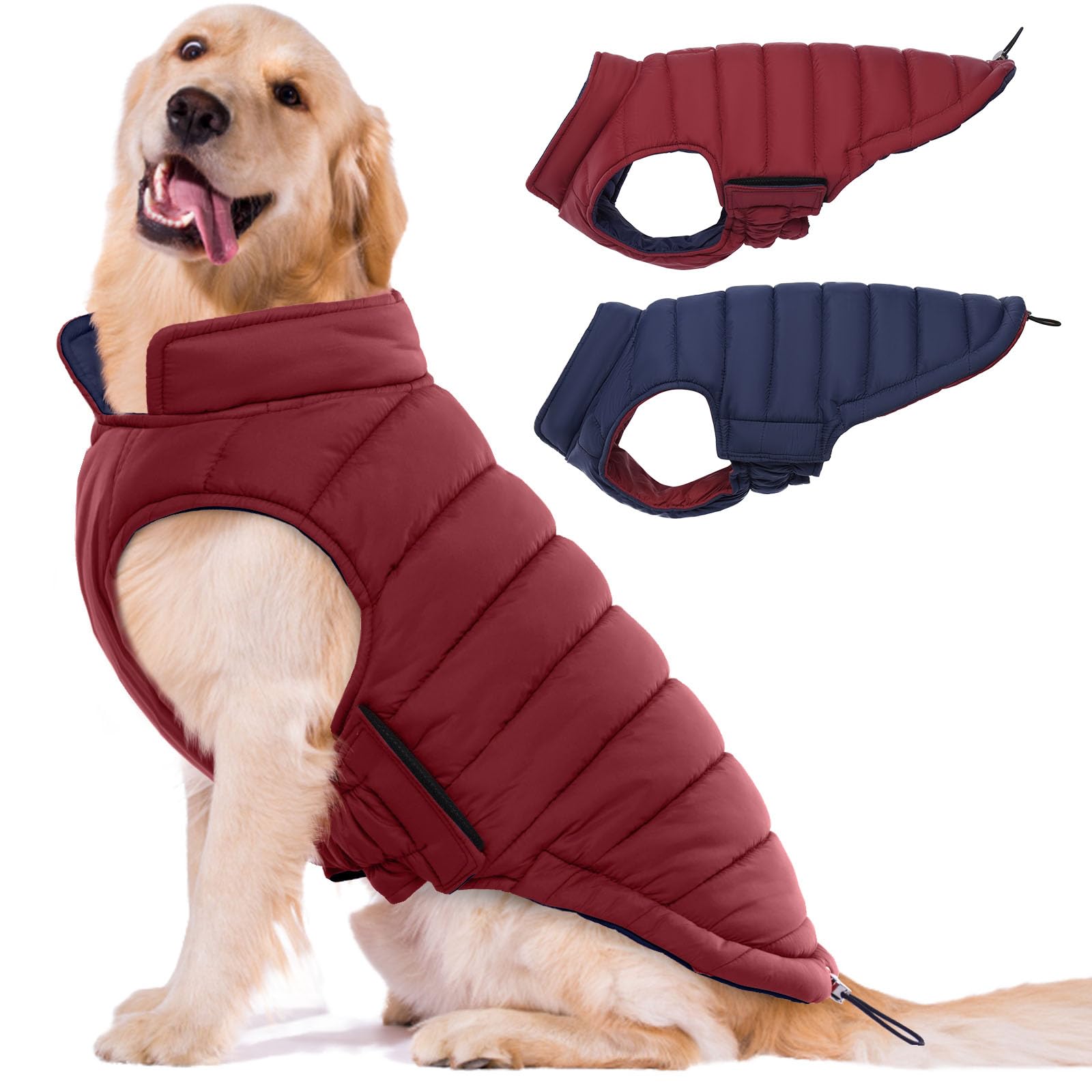 Photo 1 of Lelepet Reversible Dog Coat Waterproof Dog Jacket Windproof Puffer Vest for Winter Warm Lightweight Coats for Large Dogs Adjustbale Hook & Loop Pet Apparel with Leash Hole, Pitbull, Wine Red, XL