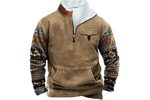 Pisexur Men's Fashion Hoodies & Sweatshirts 1/4 Zip Pullover Mens Cowboy Western Aztec Lapel Sweatshirt Casual Print Pullover