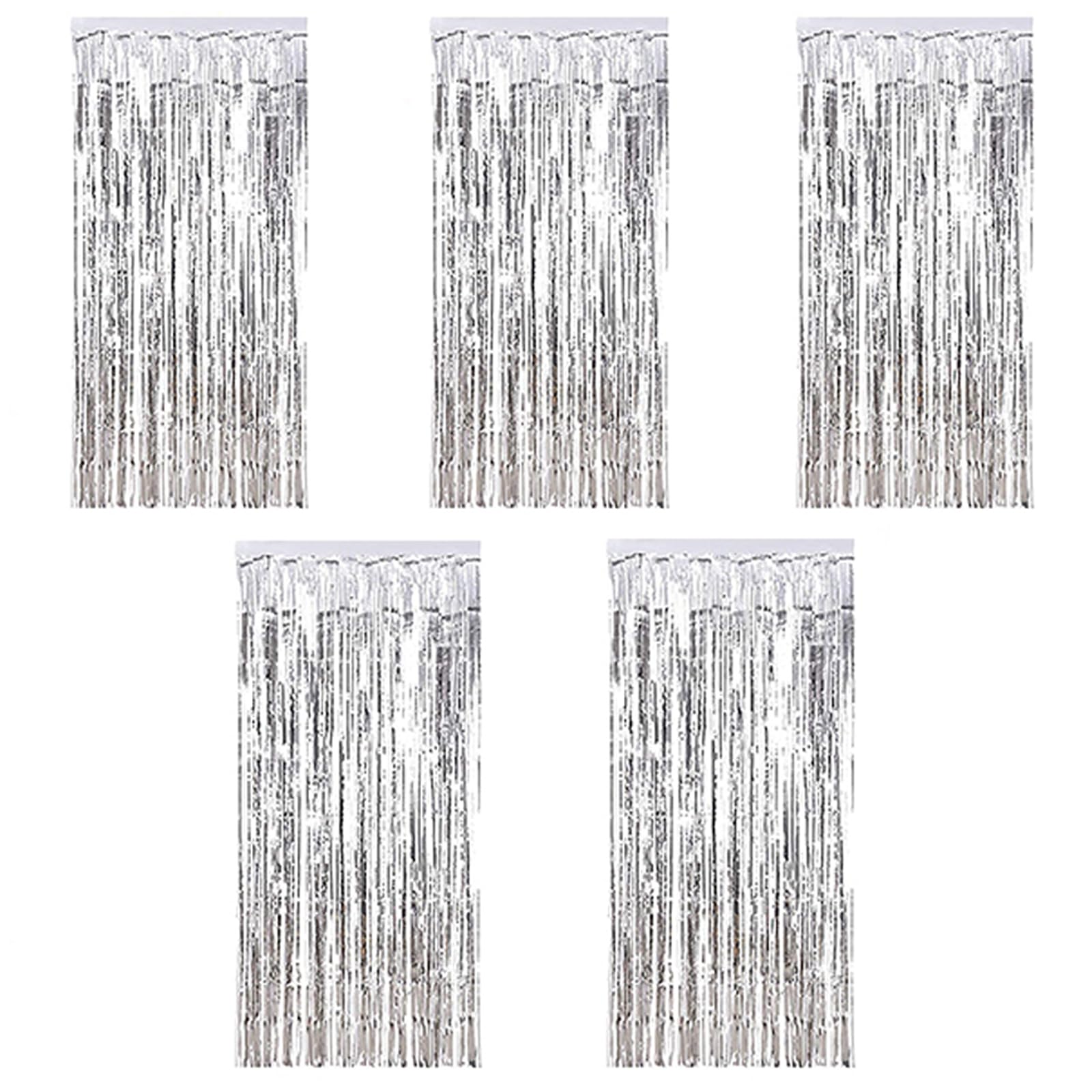 Kioneer Metallic Tinsel Curtains - Silver 5 Packs, 3 ft x 10 ft, Large Foil Fringe for Photo Backdrop, Door, Wall, Window, Party, Christmas Decoration