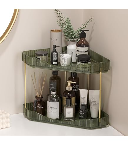 Kinkota 2-Tier Makeup Organizer For Vanity | Bathroom Countertop Storage With Hooks, Corner Design (Green) - View #3