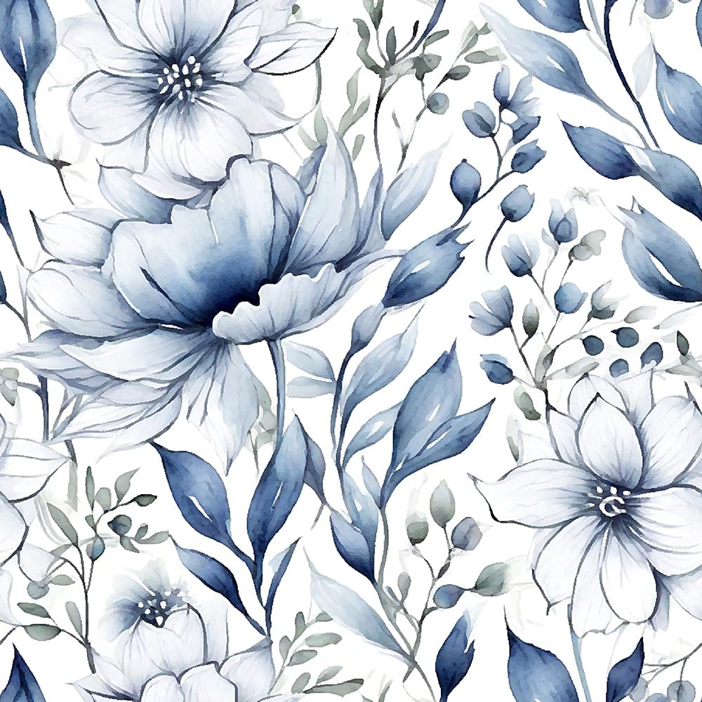 REDAMANCY Watercolor Blue White Peony Floral Ink Flowers Grey Navy Leaf Peel and Stick Wallpaper Stick on Contact Paper Vintage Wall Paper Easy Peel Off for nightstand Drawer Cabinet Renter